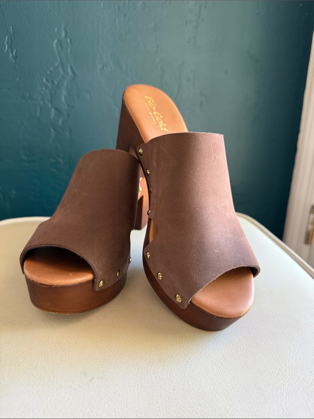 Bio-Gold Brown Leather Platform Open-Toe Mule Heels Made in Italy